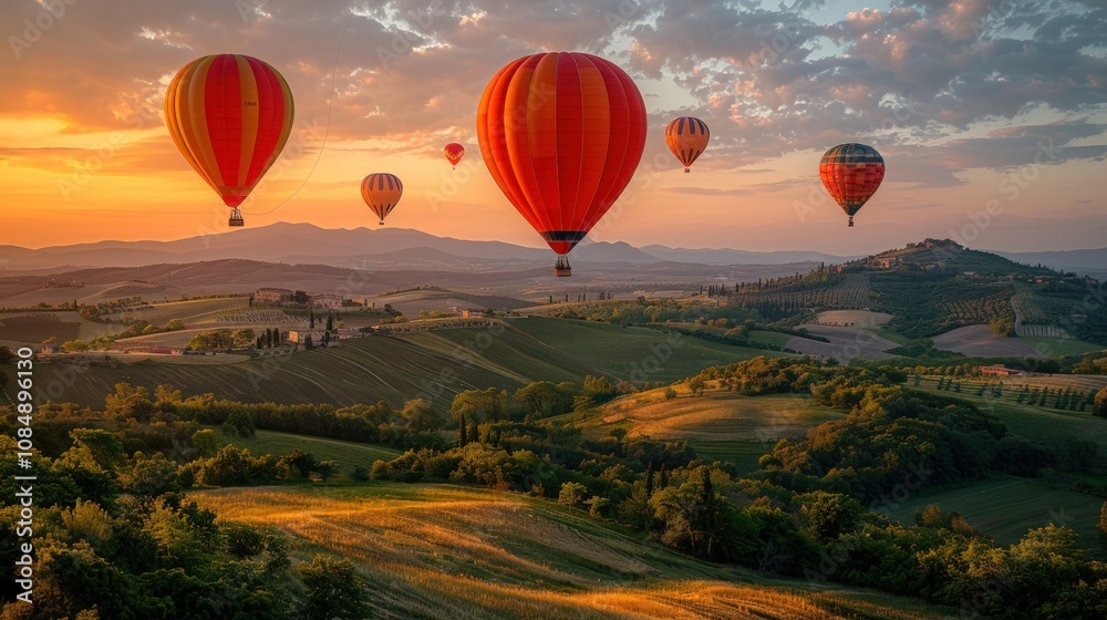 Obraz premium Hot Air Balloons Soaring Over Tuscan Landscape