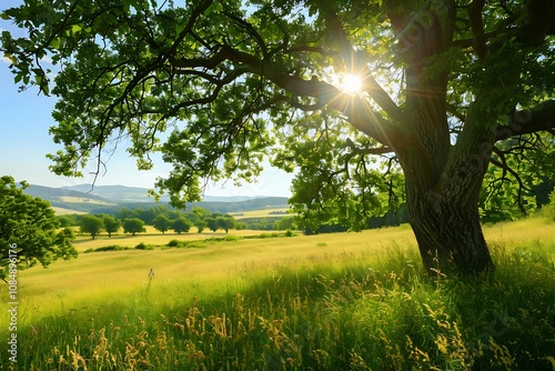 summer landscape with meadow, trees and sun in the sky