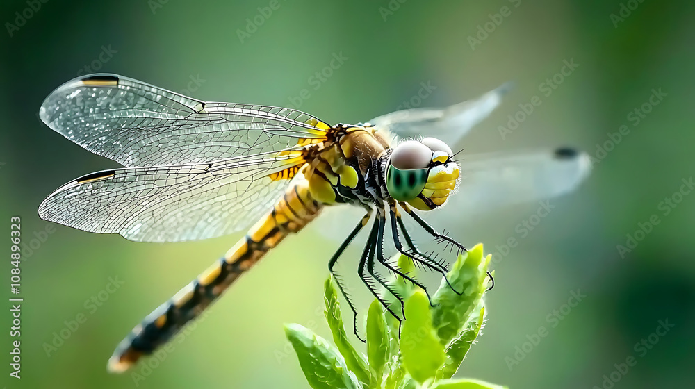 dragonfly resting on green plant, showcasing its intricate wings and vibrant colors. delicate details highlight beauty of nature and serenity of moment dragonfly resting on green plant, showcasing its intricate wings and vibrant colors. delicate details highlight beauty of nature and serenity of moment