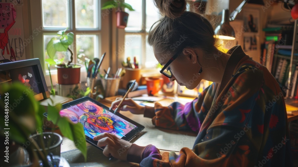 An artist creating digital illustrations on a tablet in a minimalist studio, Digital artistry theme, Contemporary style An artist creating digital illustrations on a tablet in a minimalist studio, Digital artistry theme, Contemporary style