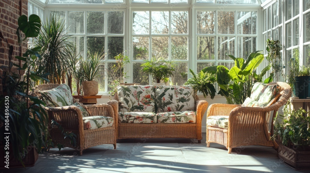 Wicker Furniture and Greenery in a Sunlit Conservatory Wicker Furniture and Greenery in a Sunlit Conservatory