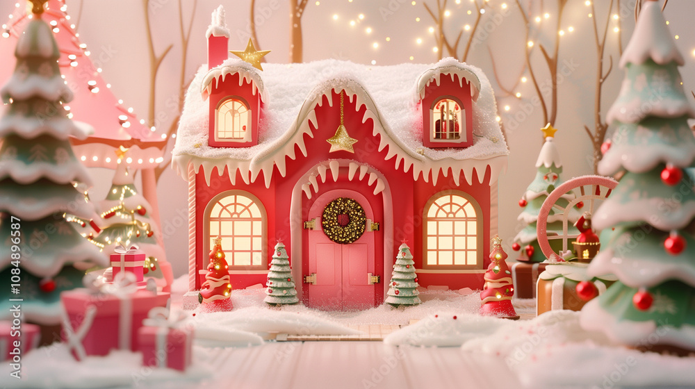 Fototapeta premium Cute miniature Christmas house with festive decorations and snow in winter scene