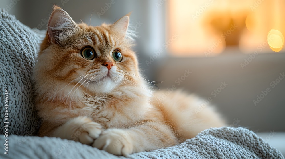 Adorable Fluffy Ginger Cat Relaxing on a Cozy Knitted Blanket Indoors Adorable Fluffy Ginger Cat Relaxing on a Cozy Knitted Blanket Indoors