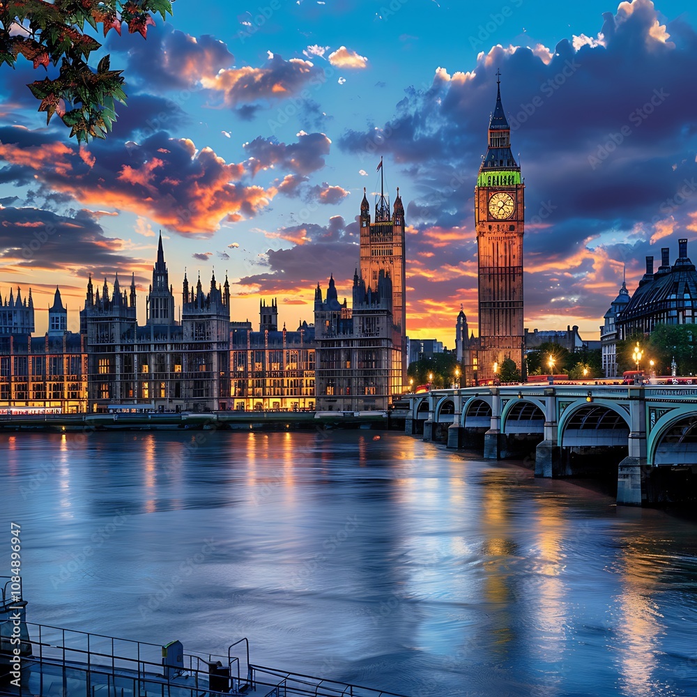 Naklejka premium Aerial view of Houses of Parliament at sunset,