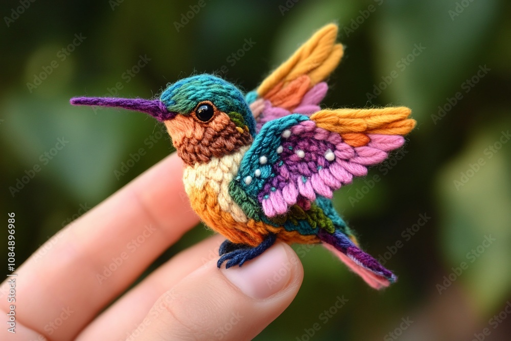 Fototapeta premium Colorful Hummingbird with Alebrije-Inspired Needle Felted Wings