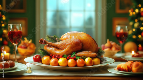 Traditional roasted turkey centerpiece on elegant dining table with citrus garnish, red wine, holly berries, and pine decorations against festive Christmas background with bokeh lights.