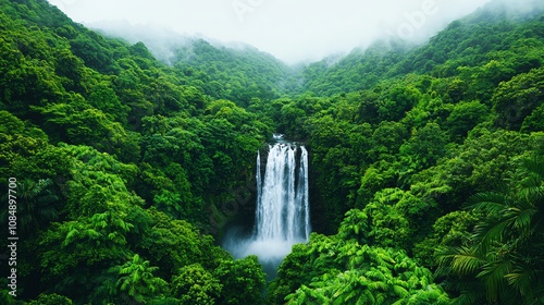 Rushing waterfall in a rainforest, lush greenery surrounding, mist rising in the air, lowangle, bright sunlight