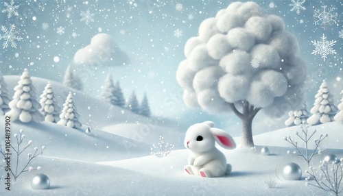 雪景色と可愛い白うさぎのイラスト