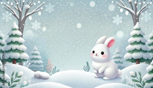雪景色と可愛い白うさぎのイラスト