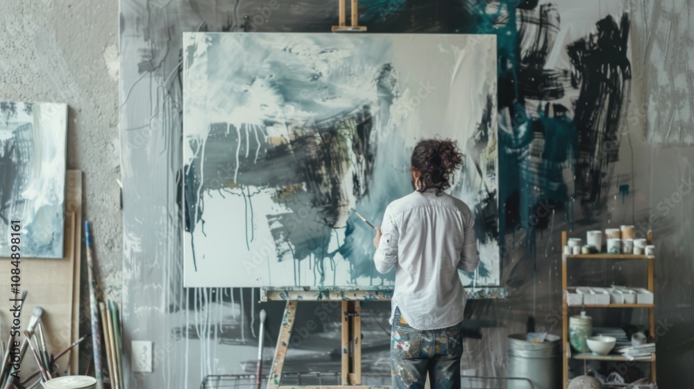 An artist painting abstract art on a large canvas in a minimalist studio, Abstract expression theme, Contemporary style An artist painting abstract art on a large canvas in a minimalist studio, Abstract expression theme, Contemporary style