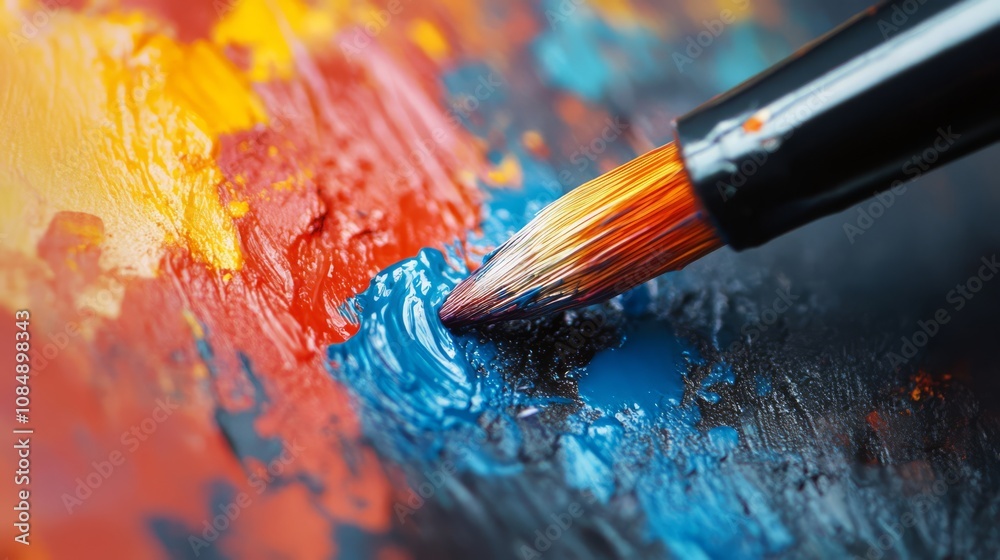 Close-up of a paintbrush picking up blue paint from a palette. Close-up of a paintbrush picking up blue paint from a palette.