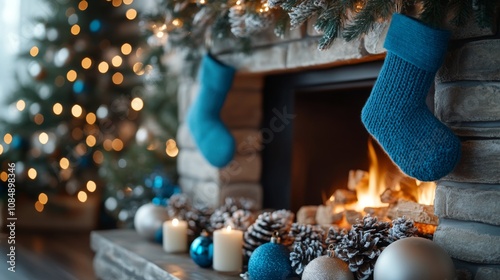 cozy fireplace scene with blue stockings and festive decorations