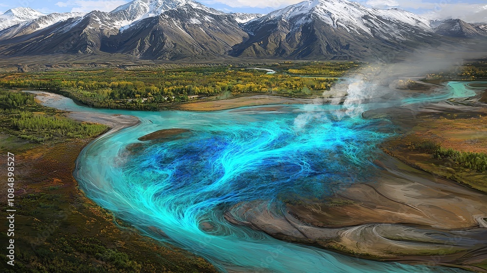 Obraz premium Breathtaking Aerial View of Turquoise River Flowing Through Majestic Mountain Landscape with Snow-Capped Peaks and Vibrant Greenery Under Clear Blue Sky