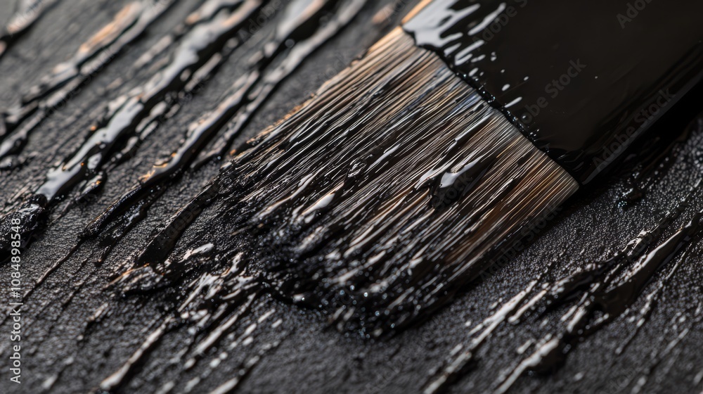 Fototapeta premium Close-up of a paintbrush with black paint on a dark surface.