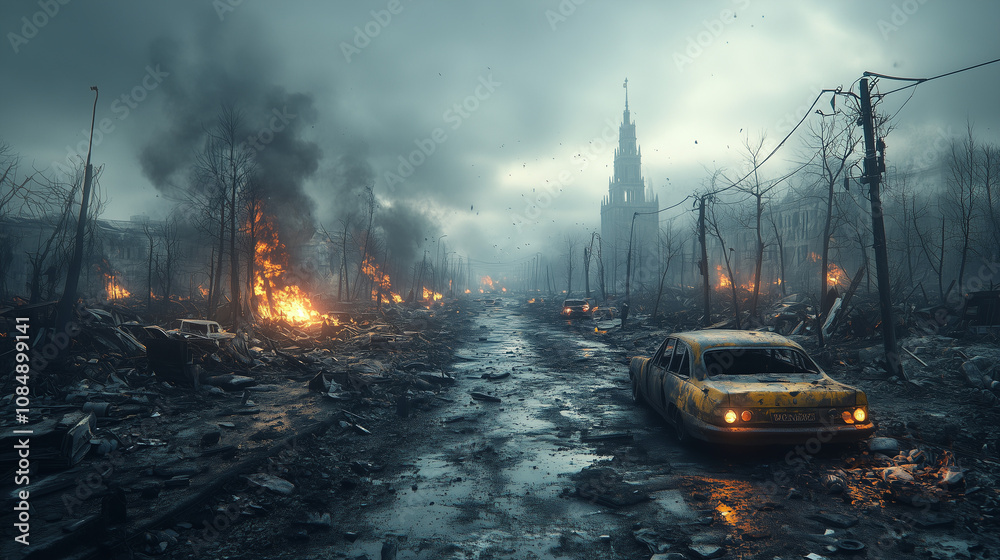 Obraz premium Post Apocalyptic Cityscape: Desolate street scene, ravaged by war or disaster, showing burning buildings, destroyed vehicles, and a gloomy atmosphere.