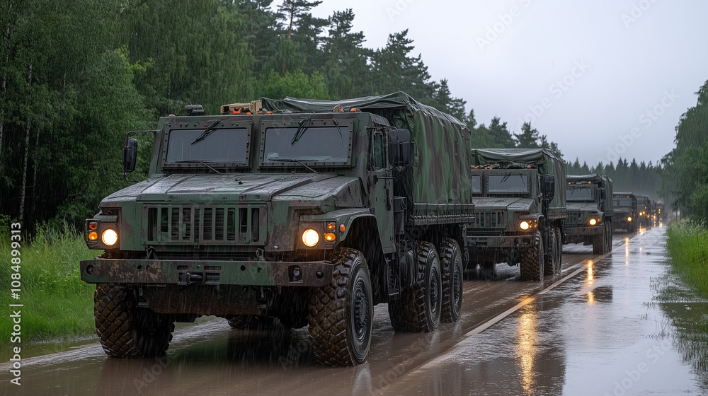 Military convoy on a wet road: A line of military trucks drives down a wet road in a forest setting. The vehicles are moving in a single file line, with the lead truck in focus. Military convoy on a wet road: A line of military trucks drives down a wet road in a forest setting. The vehicles are moving in a single file line, with the lead truck in focus.