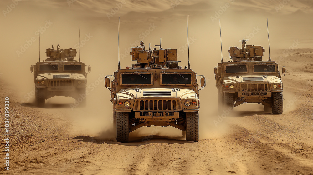 Military Convoy: A trio of tactical vehicles navigate through a dusty desert landscape, showcasing the raw power and resilience of military operations.