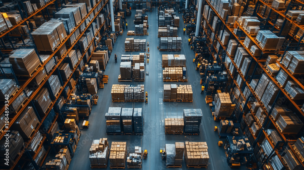 Warehouse Inventory Management: High-angle view of a vast warehouse interior, showcasing rows upon rows of neatly stacked cardboard boxes and pallets. Warehouse Inventory Management: High-angle view of a vast warehouse interior, showcasing rows upon rows of neatly stacked cardboard boxes and pallets.