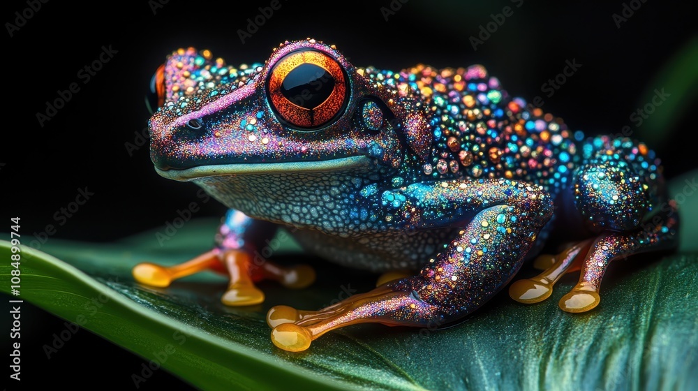 Colorful Frog with Sparkling Skin and Vibrant Eyes Resting on a Leaf Surrounded by Nature’s Beauty in a Dark Environment Colorful Frog with Sparkling Skin and Vibrant Eyes Resting on a Leaf Surrounded by Nature’s Beauty in a Dark Environment
