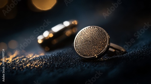 Close-up of a pair of silver cufflinks on a dark blue fabric with bokeh lights in the background. photo