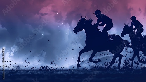 A dynamic silhouette of horses and riders racing through a colorful, dramatic background.