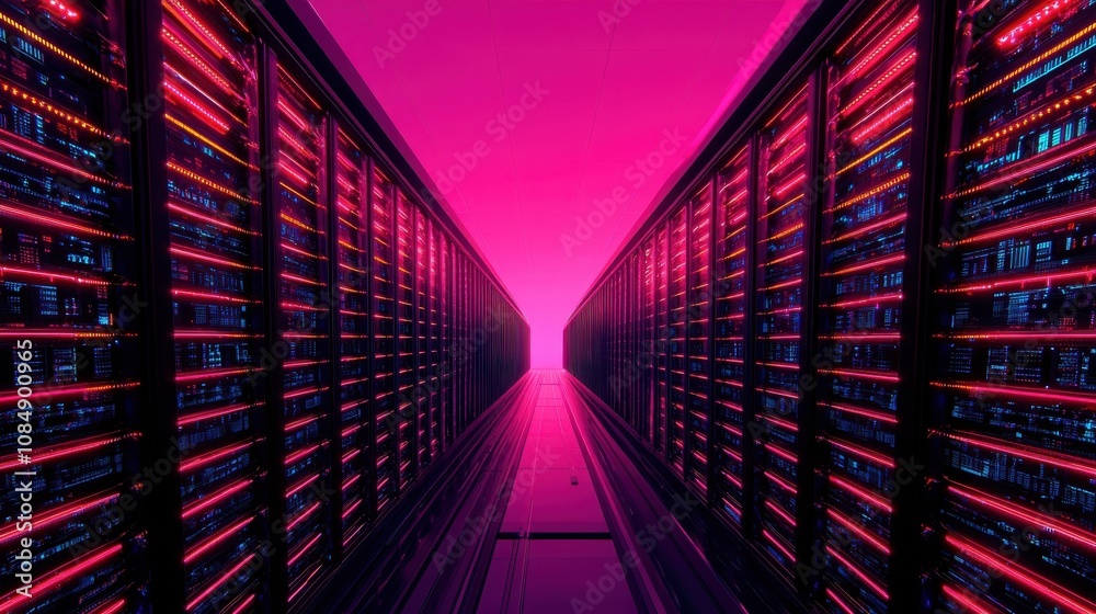 SEO search and visibility concept. An abstract view of a data center aisle, showcasing rows of illuminated server racks against a vibrant pink and blue backdrop. SEO search and visibility concept. An abstract view of a data center aisle, showcasing rows of illuminated server racks against a vibrant pink and blue backdrop.