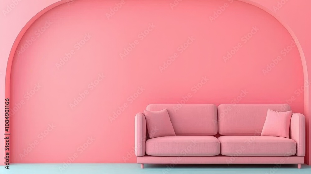 SEO search and visibility concept. A stylish pink sofa against a pastel pink wall, creating a modern and cozy living space with a minimalistic touch. SEO search and visibility concept. A stylish pink sofa against a pastel pink wall, creating a modern and cozy living space with a minimalistic touch.