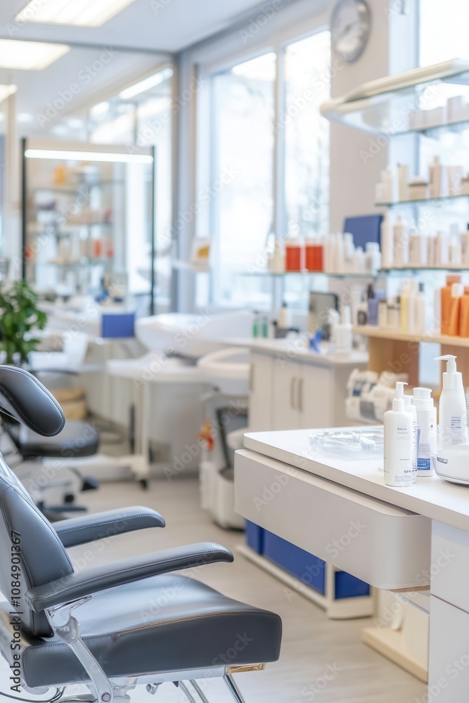 The interior of a contemporary beauty salon features sleek chairs, organized product displays, and bright natural light streaming through large windows, creating an inviting atmosphere for clients see The interior of a contemporary beauty salon features sleek chairs, organized product displays, and bright natural light streaming through large windows, creating an inviting atmosphere for clients see