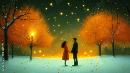 Romantic winter scene with couple standing in snowy park at night, illuminated by warm street lamps and starry sky, surrounded by snow-covered trees and magical atmosphere.