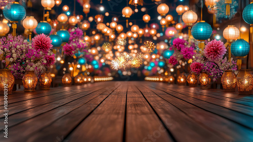 vibrant night scene of city illuminated with colorful lanterns and flowers