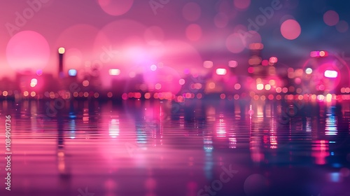 A vibrant city skyline at dusk, reflected in water, featuring colorful bokeh lights creating a dreamy atmosphere.