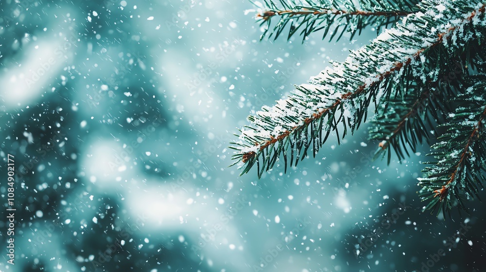Frosty pine branches with green garlands hanging, softly falling snow, closeup, intimate view