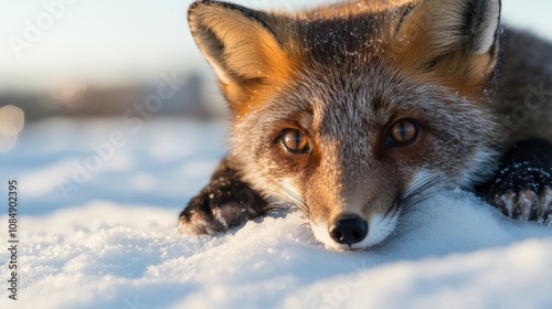 Arctic fox resting on snowbank studio lighting wildlife photography cold environment close-up view animal behavior