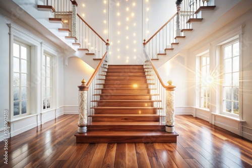 Bokeh Effect of Elegant Wooden Stairs in a Bright White Room with White Walls and Wooden Floors, Perfect for Interior Design Inspirations and Home Decor Ideas