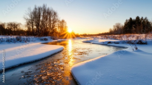 Winter sunrise over frozen river idyllic nature scene peaceful landscape tranquil environment scenic viewpoint photo