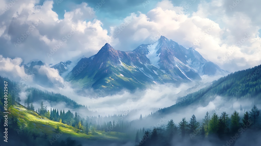 Fototapeta premium Fantastic panorama of the mountain peaks in the clouds