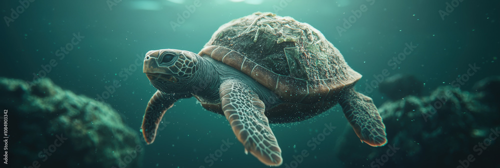 Obraz premium turtle swims gracefully underwater, showcasing its unique shell and flippers. serene environment highlights beauty of marine life and importance of ocean conservation