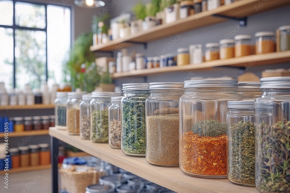 Various herbs and spices are displayed in glass jars on wooden shelves inside a warm shop. Various herbs and spices are displayed in glass jars on wooden shelves inside a warm shop.