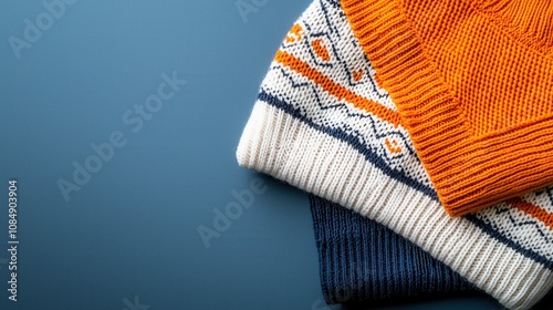 Layered sweater patterns navy background fashion textiles close-up cozy style photo