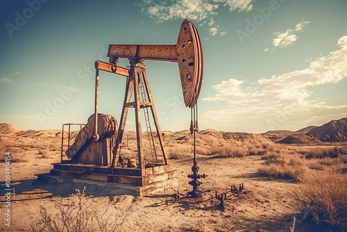Rusty Oil Pump Jack in Desert Landscape