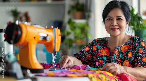 Malaysian woman seamstress sewing colorful patterns in a bright studio