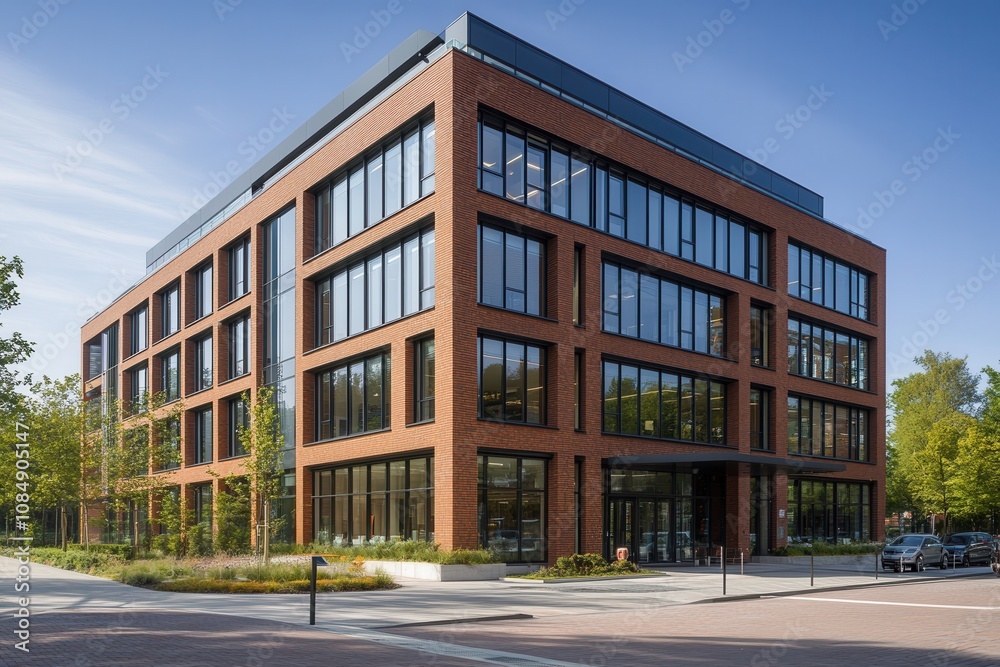 Fototapeta premium A contemporary office building features large windows and is surrounded by lush landscaping.