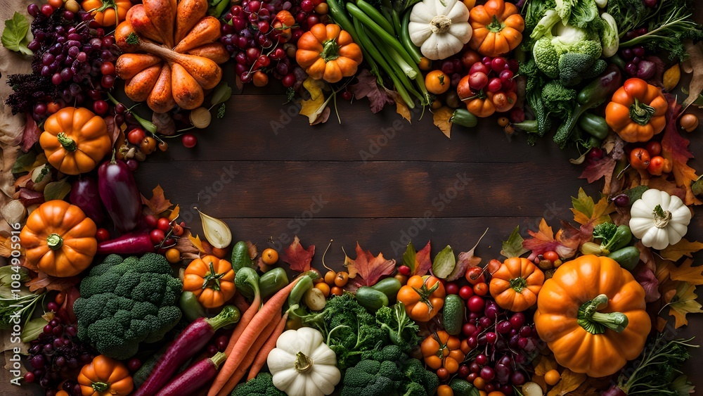 Top view arrangement of vegetables on wooden table, AI Generated Top view arrangement of vegetables on wooden table, AI Generated