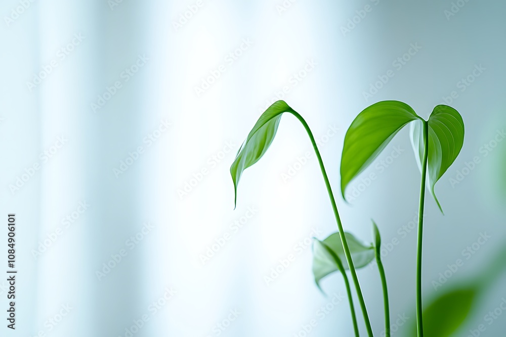 Fototapeta premium Graceful Green Leaves Against A Soft Blue Background