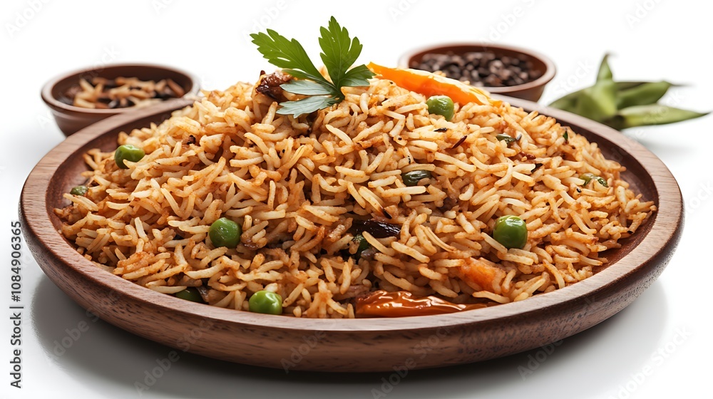 Pilaf with chicken and vegetables in wooden plate on white background Pilaf with chicken and vegetables in wooden plate on white background