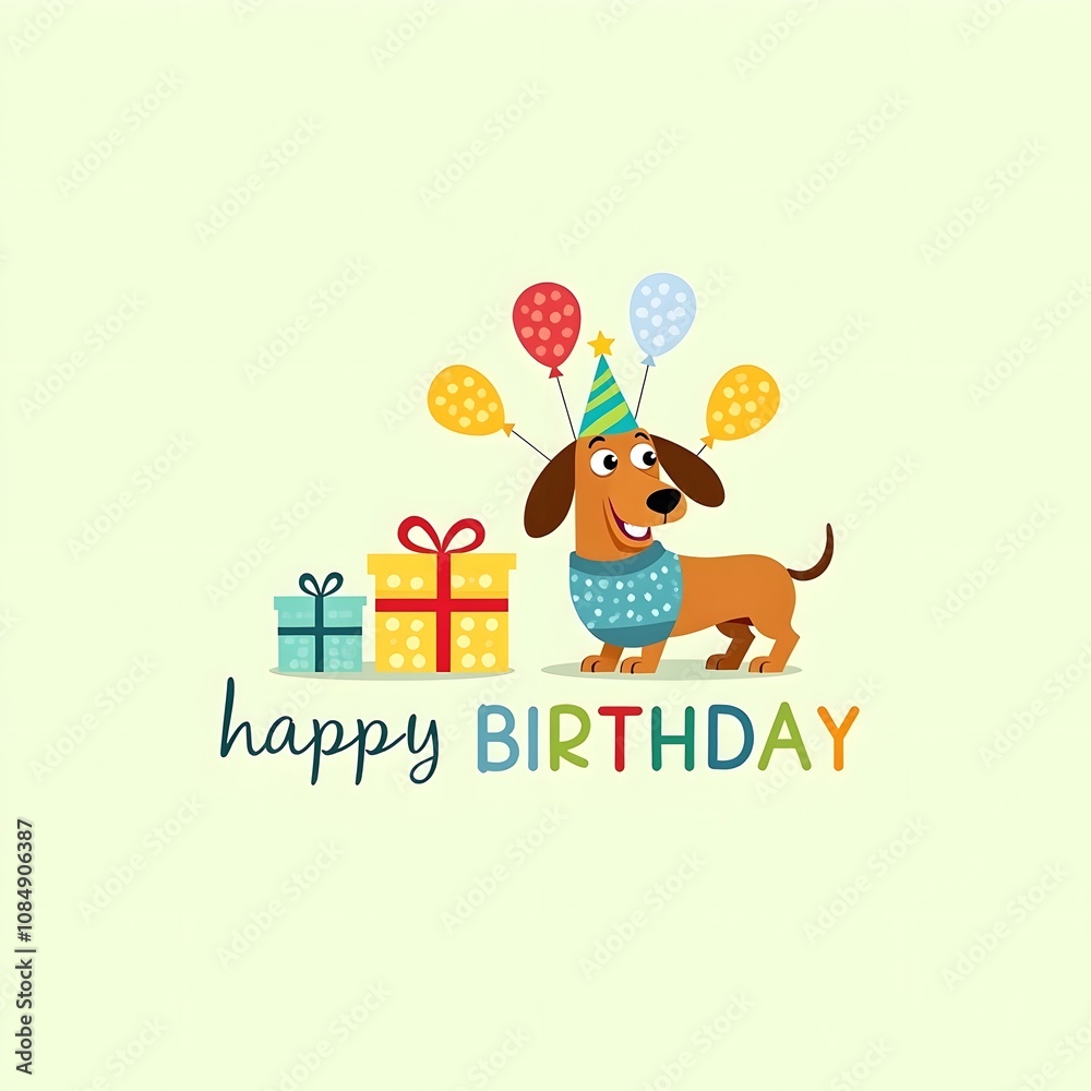 Cute dachshund dog wearing a party hat with presents and balloons for a birthday celebration. Cute dachshund dog wearing a party hat with presents and balloons for a birthday celebration.