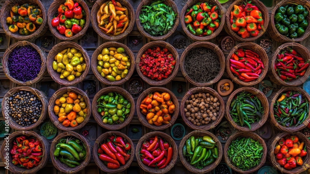 Vibrant Wicker Baskets Filled with Fresh Peppers - Artistic Presentation in High Resolution Professional Photography