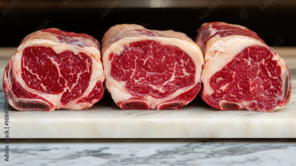 Prime Cuts: Raw Marbled Steaks on Butcher's Counter Display with Artistic Flair Prime Cuts: Raw Marbled Steaks on Butcher's Counter Display with Artistic Flair