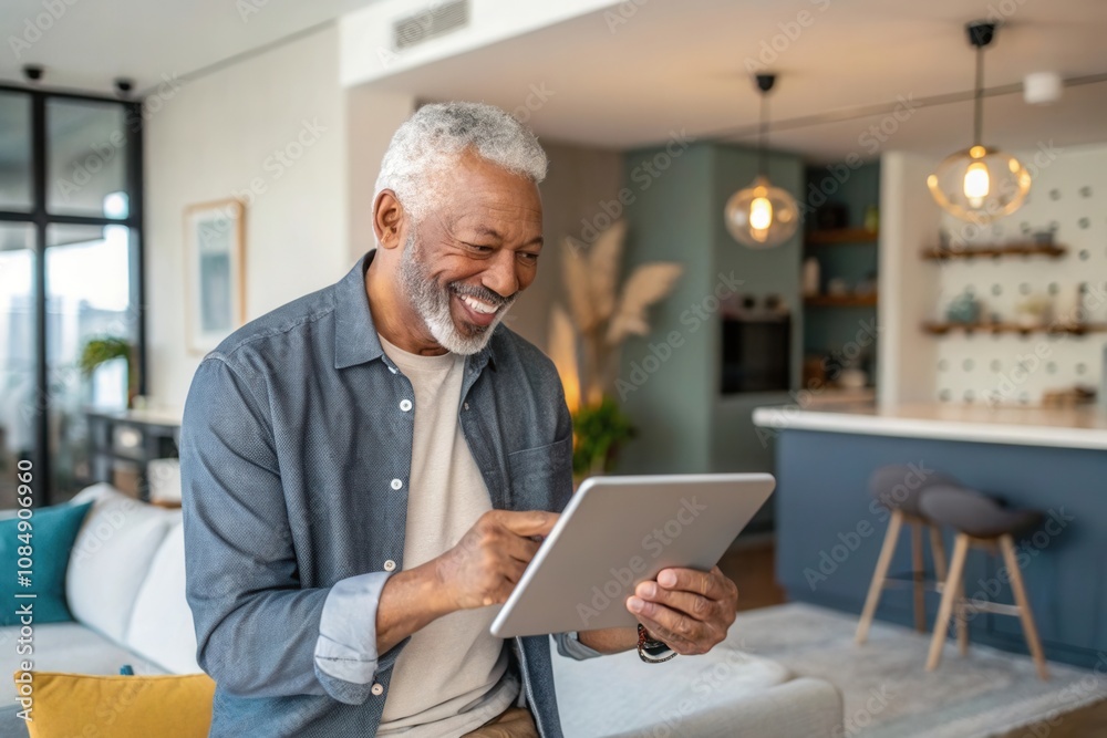 A cheerful elderly man interacts with a tablet in a stylish, contemporary living room. He sits comfortably on a couch, showcasing a joyful expression as he engages with the device, surrounded by elega A cheerful elderly man interacts with a tablet in a stylish, contemporary living room. He sits comfortably on a couch, showcasing a joyful expression as he engages with the device, surrounded by elega