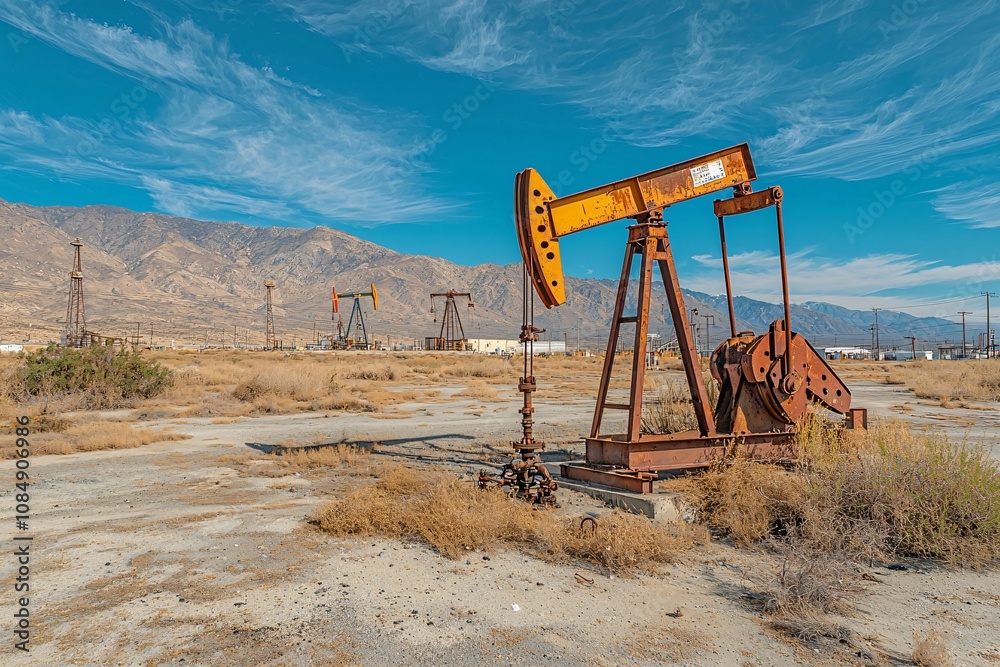 Fototapeta premium Rusty Oil Pumpjacks Desert Landscape